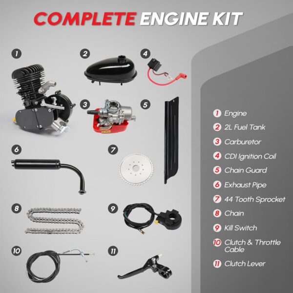 100cc Bicycle Engine Kit 2 Stroke Bike Gas Conversion Kit for 26-28" Bikes (Silver/Black) - Image 2